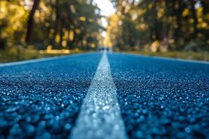 A close-up shot of a misty forest road, highlighting dew-covered asphalt and vibrant greenery. photo