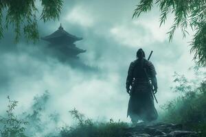A lone male samurai stands in a misty landscape, gazing at an ancient temple in the distance, evoking a sense of mystery and bravery. photo