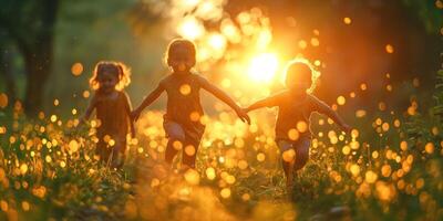 Three joyful young girls run hand-in-hand through a sunlit field, capturing the essence of childhood and play. photo
