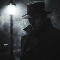 A mysterious dark-haired man in a fedora stands in shadow, illuminated by a streetlamp, evoking a noir atmosphere. photo