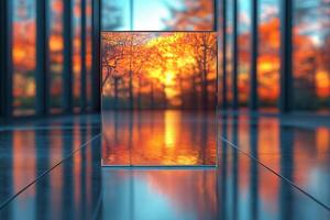 A serene view of vibrant autumn foliage reflected in a glass panel, creating a harmonious blend of colors and nature's beauty. photo