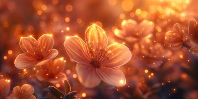 Delicate pink blossoms radiating warmth in a magical sunset glow. photo