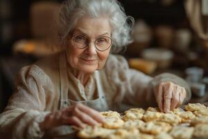 An elderly Caucasian woman with glasses smiles warmly while arranging freshly baked cookies on a wooden table. photo