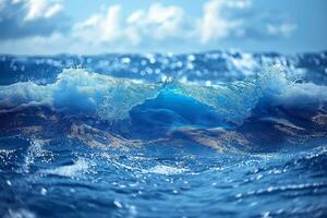 A dynamic blue ocean wave captures the sunlight, creating a sparkling spectacle under a bright sky. photo