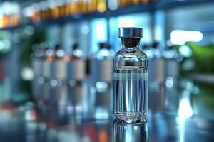 A transparent glass vial filled with clear liquid, reflecting light in a stylish laboratory setting. photo