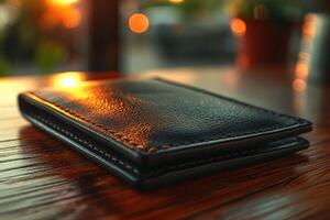 A sleek black leather wallet rests on a wooden table, illuminated by warm sunset light. photo