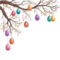 Easter eggs hanging from a branch with flowers and leaves png