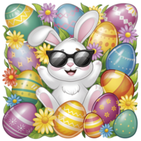 An easter bunny with sunglasses and colorful eggs png