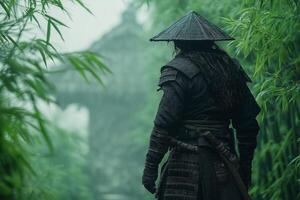 A male warrior of Asian descent stands in a misty bamboo forest, exuding a sense of mystery and strength. photo