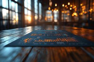 An artistic view of data visualization on a wooden table, illuminated by warm sunset light filtering through large windows. photo