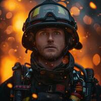 A male firefighter looks determined against a backdrop of flames and embers, showcasing bravery and resilience. photo