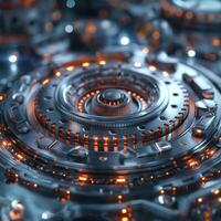 Futuristic metallic mechanism with glowing orange lights and intricate details. photo