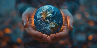 A pair of hands cradles a glowing Earth, symbolizing care and responsibility for our planet. photo