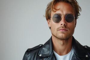A confident Caucasian man in sunglasses and a leather jacket exudes a cool, edgy vibe against a neutral backdrop. photo