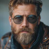 A rugged Caucasian man in stylish sunglasses and a leather jacket, exuding confidence and charisma. photo