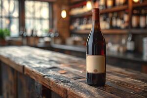 A bottle of red wine stands elegantly on a rustic wooden bar, showcasing its rich color against a warm, inviting background. photo