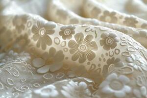 Delicate floral lace fabric showcasing intricate patterns and soft textures. photo