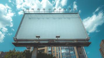 A large empty billboard against a bright blue sky with fluffy clouds, surrounded by urban buildings. photo