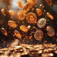 An artistic representation of flying cryptocurrency coins, showcasing golden and silver tones against a warm, dynamic background. photo