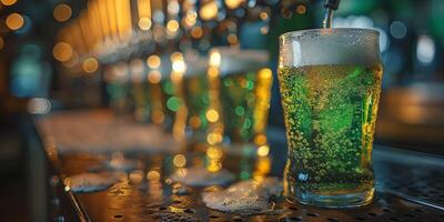 A sparkling glass of green beer sits on a bar counter, illuminated by warm glow from tap lights, creating a festive atmosphere. photo