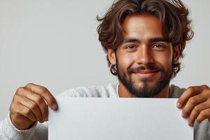 Smiling young man with curly hair proudly holding a blank sheet of paper, showcasing positivity and creativity. photo