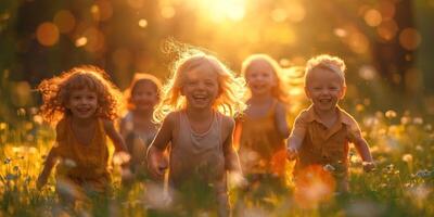 A joyful group of children running in a sunlit meadow, capturing the essence of childhood happiness. photo