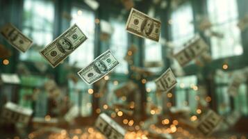 A dramatic display of flying dollar bills creates a sense of wealth and abundance in a vibrant setting. photo