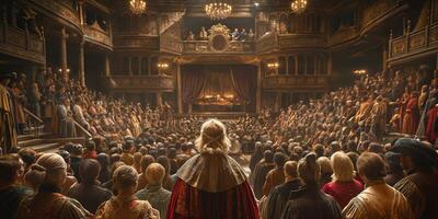 A grand scene depicting a diverse audience at a historical theater, engaged in a live performance. photo