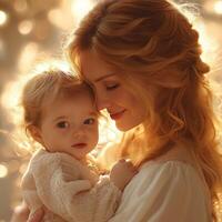 un calentar momento Entre un caucásico madre y su niño pequeño, abrazado en suave dorado luz, capturar amor y sensibilidad. foto