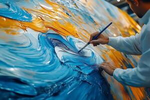 A focused artist carefully blends vibrant blue and yellow acrylics on a canvas, creating a captivating swirling pattern. photo
