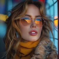 A young Caucasian woman with wavy blonde hair and stylish sunglasses, gazing thoughtfully against a colorful urban backdrop. photo