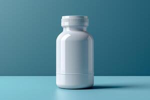 A clean, white plastic bottle with a screw-on cap against a smooth turquoise background. photo