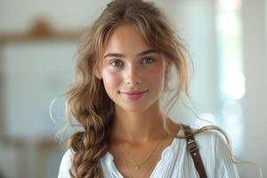 A young woman with long, wavy hair and bright blue eyes, exuding a warm smile in a bright, airy room. photo