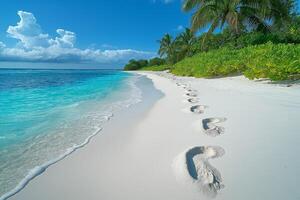 Tranquil beach scene with gentle waves lapping at pristine white sands, featuring footprints leading towards lush greenery. photo