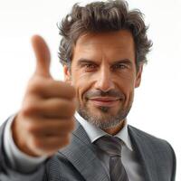 Confident middle-aged man with curly hair in a suit giving a thumbs up gesture. photo