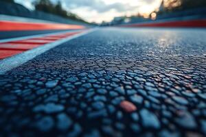 Close-up of a race track surface showing intricate textures and vibrant colors during golden hour. photo
