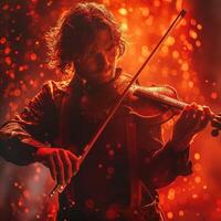 A passionate male musician performing with a violin against a fiery, dynamic backdrop. photo