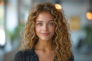 Smiling young woman with curly hair and green eyes in a cheerful indoor setting. photo