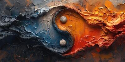 Abstract depiction of a yin-yang symbol, blending cool blues and warm oranges in a textured, artistic style. photo