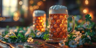 Two frothy mugs of beer adorned with clovers, set in a cozy, softly lit setting, perfect for celebrating St. Patrick's Day. photo