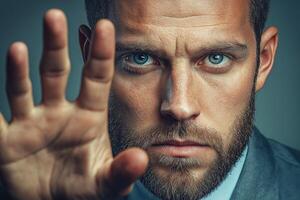 Intense man with a beard looks seriously at the camera, holding out his hand as if to stop. Blue eyes convey strong emotions. photo