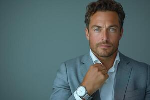 Confident Caucasian male in a gray suit adjusts his collar, showcasing a sophisticated look and piercing blue eyes. photo