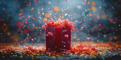 A vivid red gift box with colorful confetti bursting from it, creating a festive and celebratory atmosphere. photo