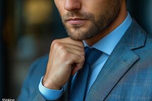 A confident Caucasian male executive in a tailored suit, contemplating his next move with a thoughtful expression. photo