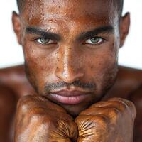 Portrait of a young athletic Black male with striking green eyes and a focused expression, showcasing determination and power. photo