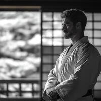 A contemplative Caucasian male in a traditional martial arts gi, exuding calmness and focus in a serene dojo setting. photo