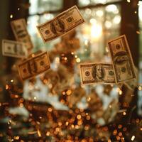 Dollar bills floating amidst shimmering lights create a dreamy, luxurious ambiance. photo