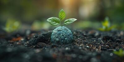 A small green seedling emerges from the soil, symbolizing growth and renewal in a lush, natural setting. photo