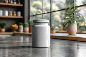 A plain white jar sits on a modern kitchen countertop, reflecting natural light from the window, surrounded by greenery. photo