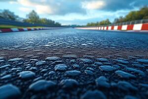 A close-up view of a racetrack with droplets of water glistening on its surface after rain. photo